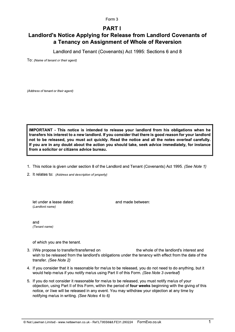 LT73 Landlord s Notice Applying for Release from Landlord Covenants of a Tenancy on Assignment of Whole of Reversion Form 3 [L T94] electronic signature available preview